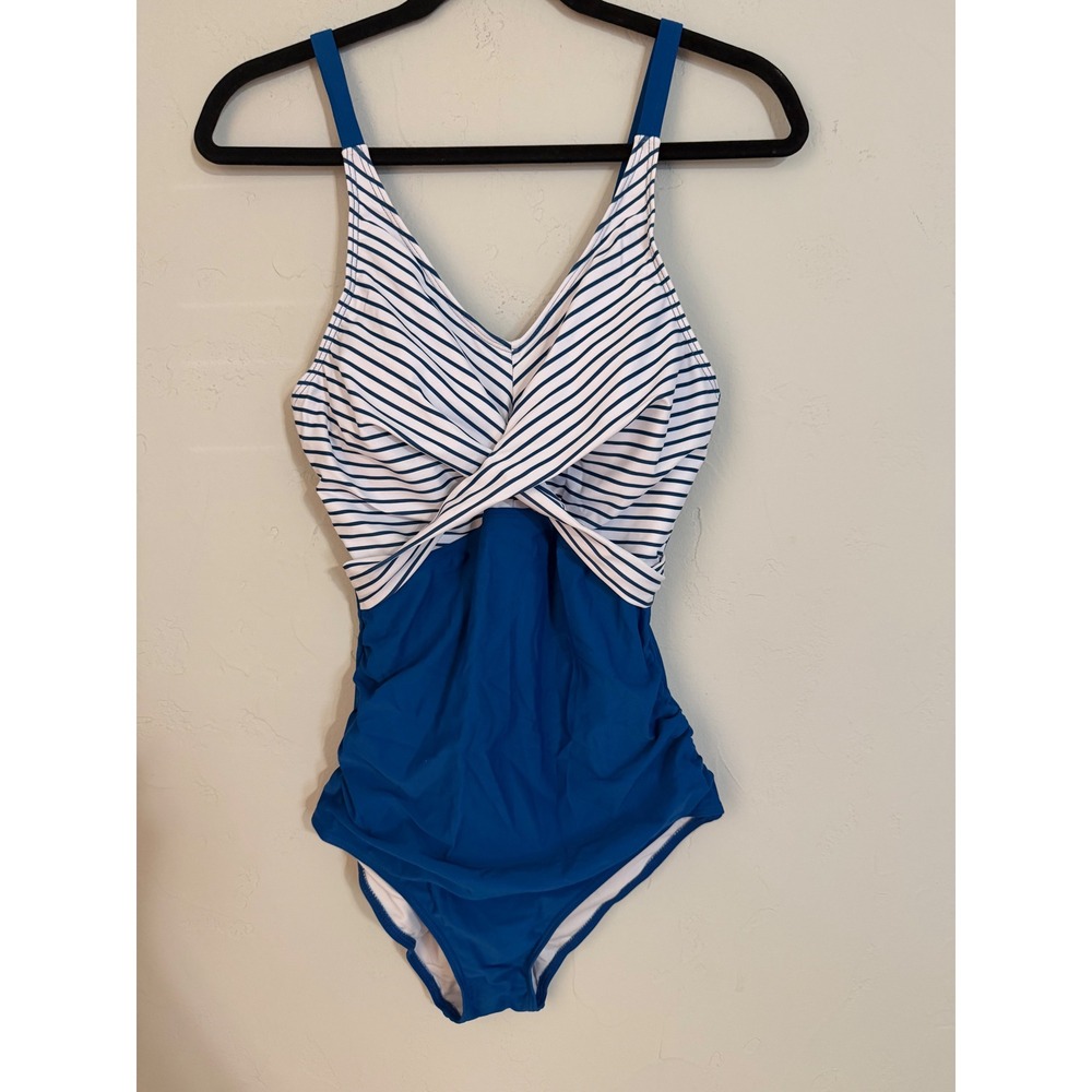 Blue and White Striped Wrap Front One Piece Swimsuit Ruched Tummy Control Medium